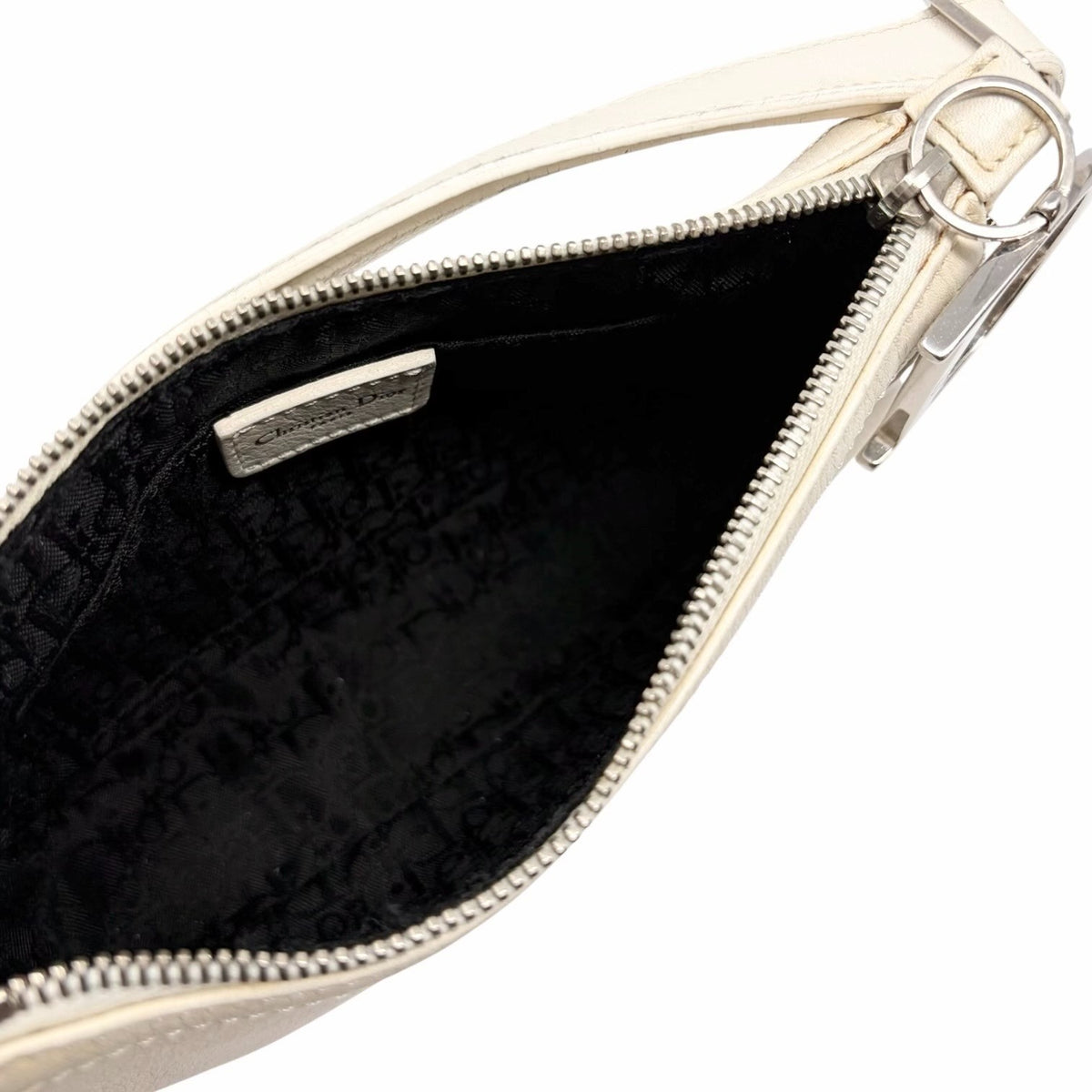 Christian Dior Vintage Logo D Charm Shoulder Bag White Silver Leather 902377