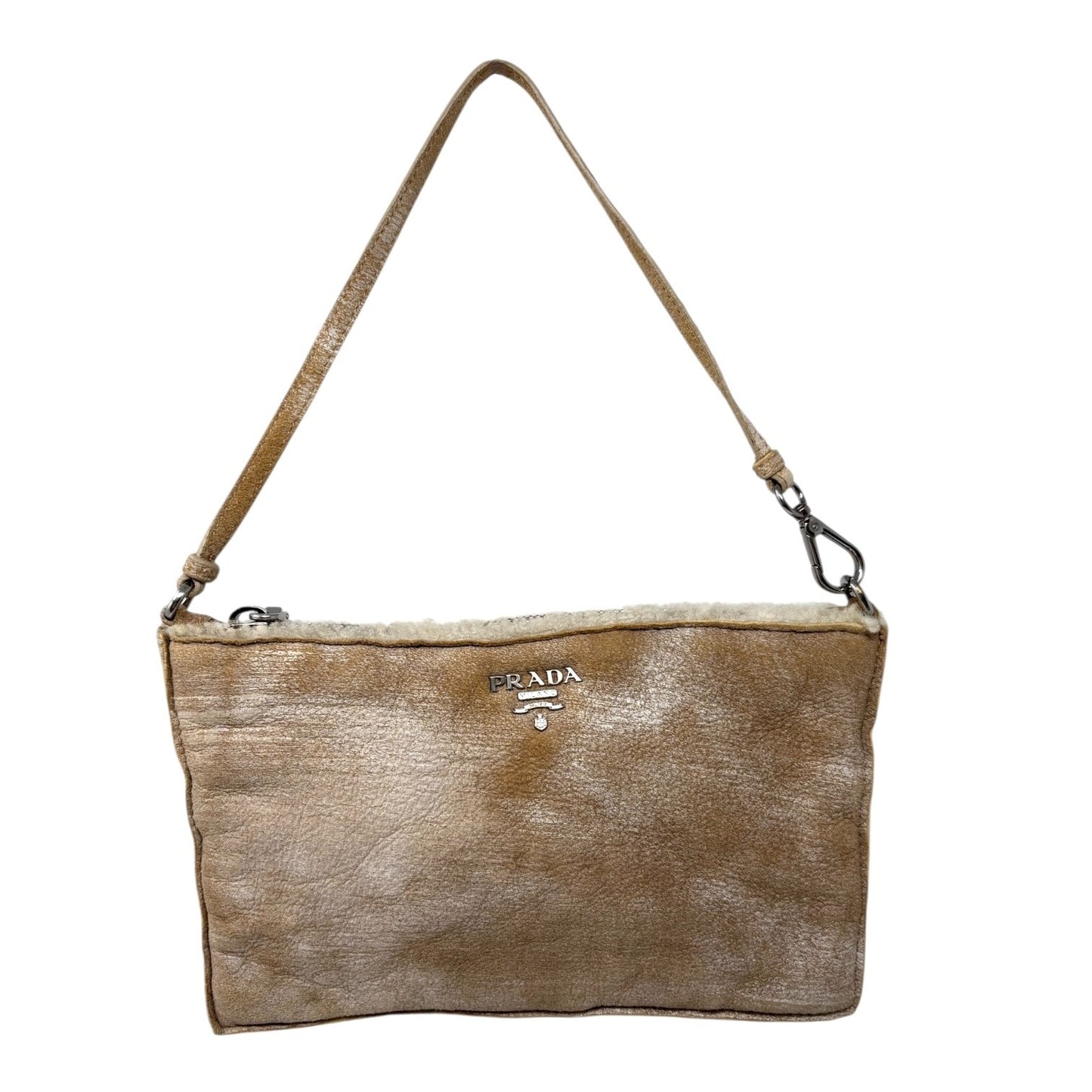 PRADA Vintage Logo Shearling Leather Mini Bag Pochete Pouch Beige White Suede