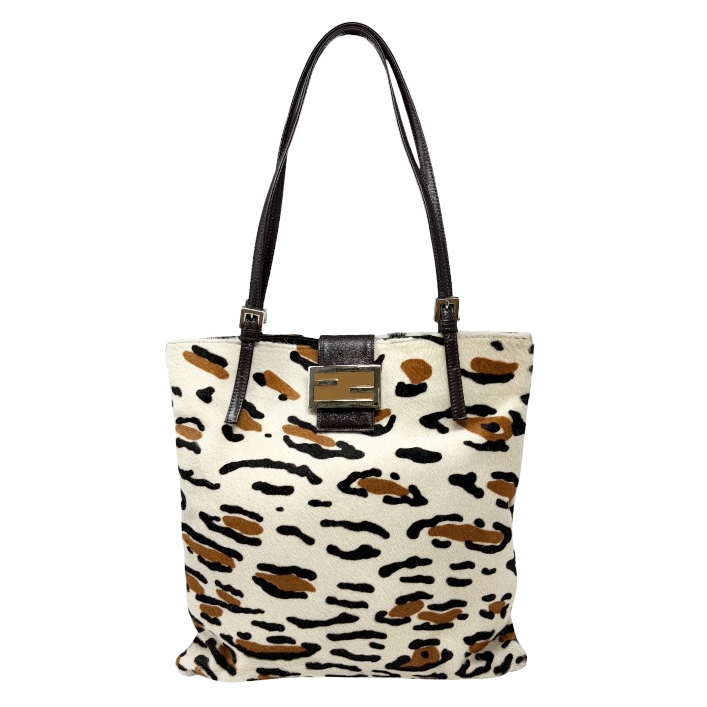 FENDI Vintage FF Logo Leopard Animal Print Tote Bag White Pony Calf Hair 901822