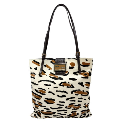 FENDI Vintage FF Logo Leopard Animal Print Tote Bag White Pony Calf Hair 901822