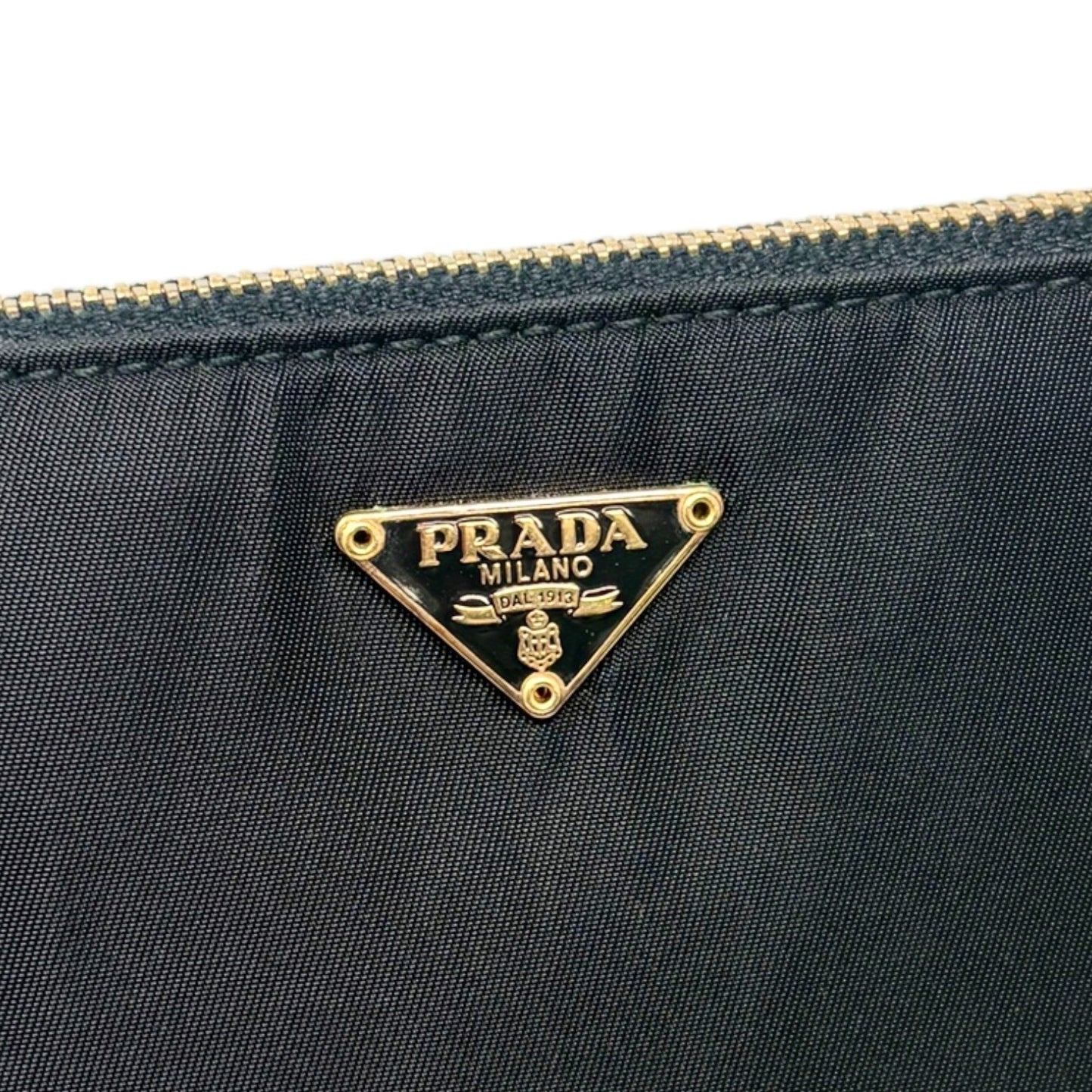 PRADA Vintage Triangle Logo Tessuto Nylon Mini Shoulder Bag Black Gold Leather