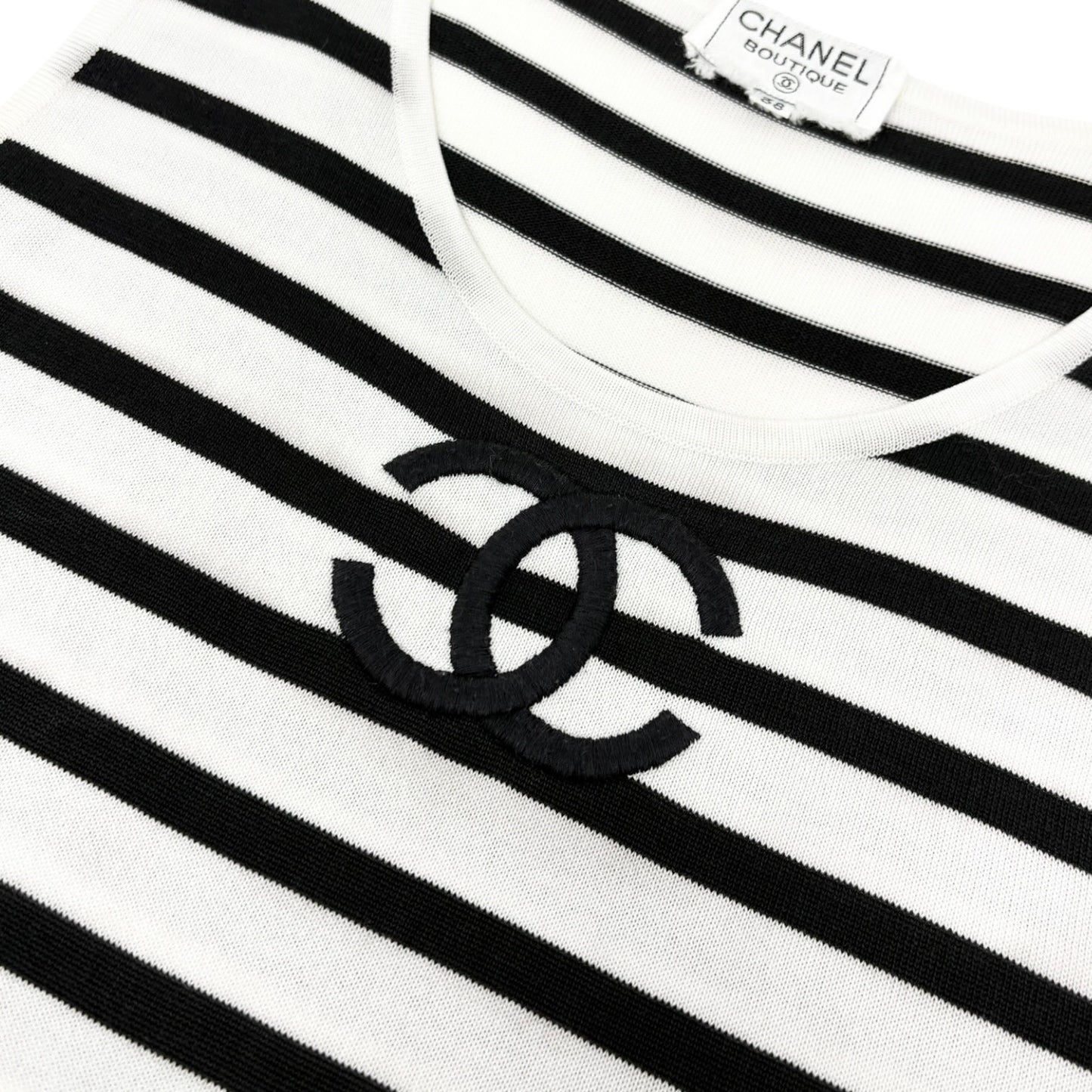 CHANEL Vintage CC Logo Striped Knit Tank Top #38 Black White Cotton 902421