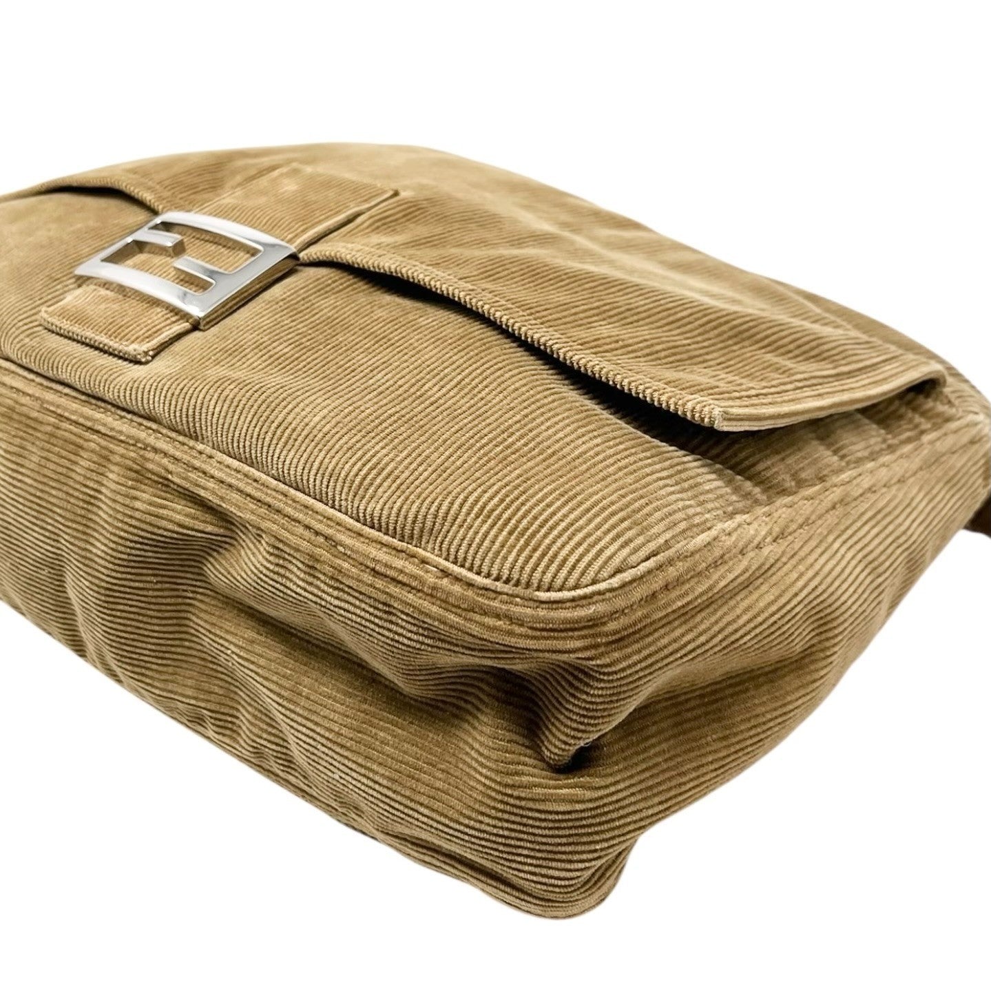 FENDI Vintage FF Logo Mamma Baguette Corduroy Shoulder Bag Beige Silver