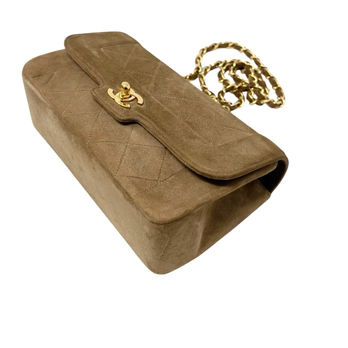 CHANEL Vintage CC Logo Turnlock Quilted Suede Flap Bag Brown Gold