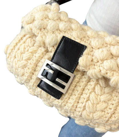 FENDI Vintage FF Logo Wool Knit Mamma Baguette Shoulder Bag Cream Brown 902054