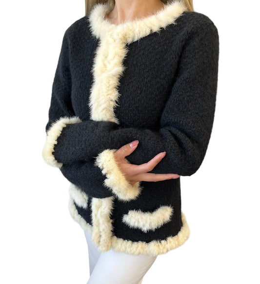 CHANEL Vintage 03A CC Logo Button Fur Trim Knit Jacket #42 Black White Mohair