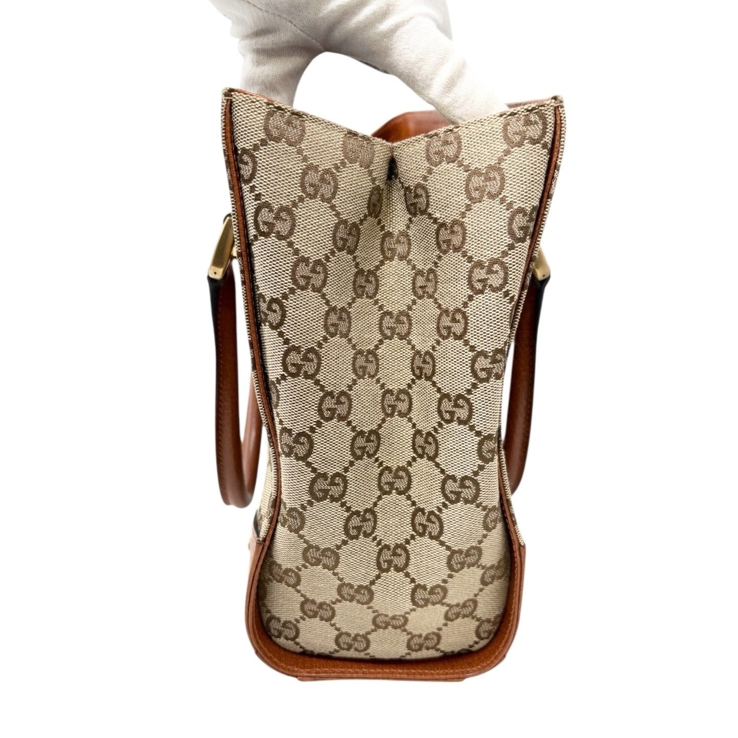 GUCCI Vintage GG Canvas Monogram Tote Bag Nailhead Orange Brown Studs Leather