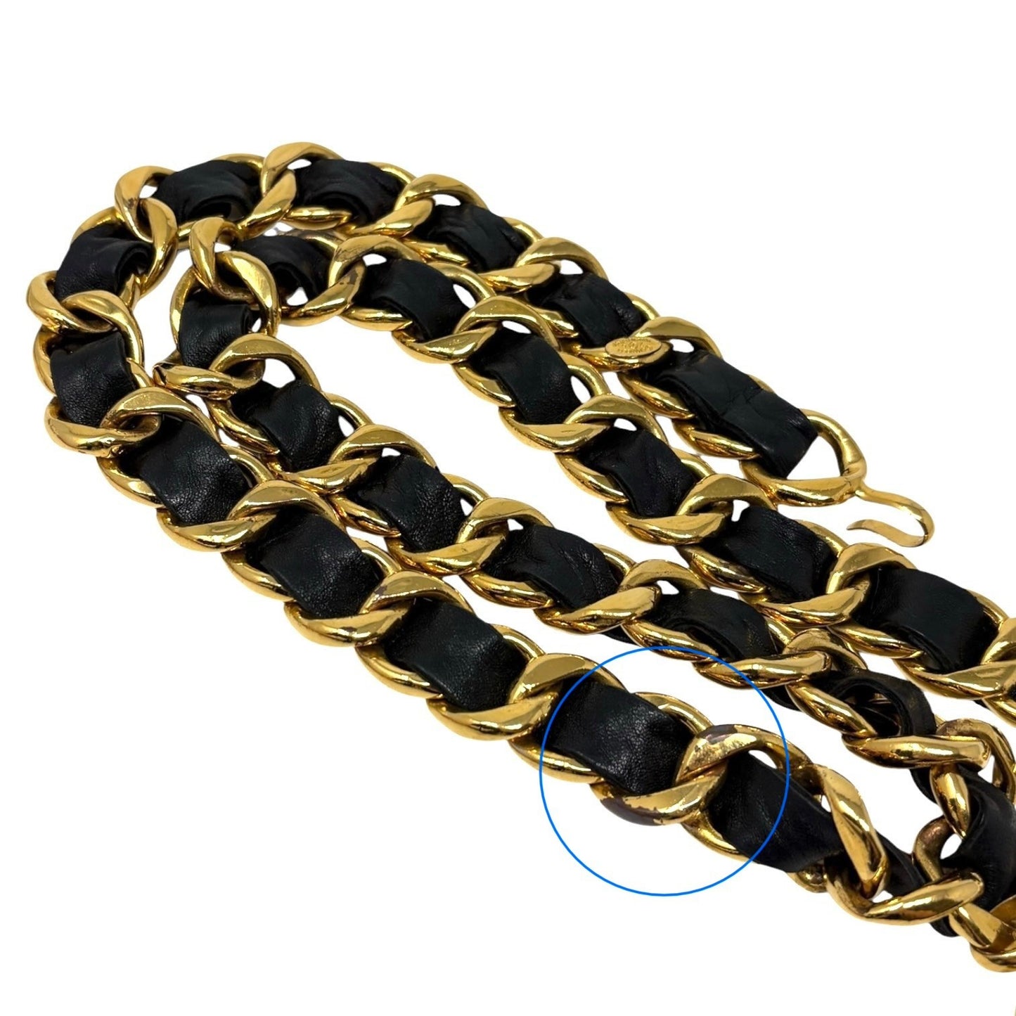 CHANEL Vintage CC Logo Chain Belt Accessory Gold Black Metal Leather 901898