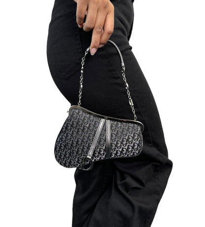 Christian Dior Vintage 2003 Trotter Monogram Chain Mini Saddle Bag Black 902379