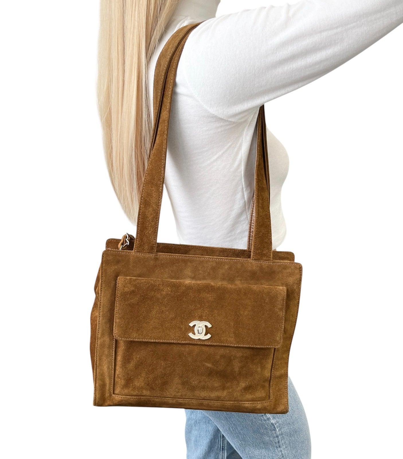 CHANEL Vintage CC Mark Logo Turnlock Tote Shoulder Bag Brown Silver Suede