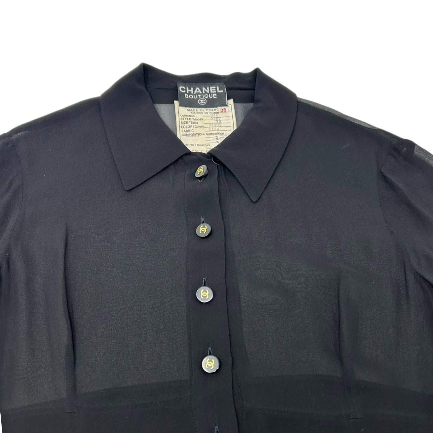 CHANEL Vintage 94A CC Logo See-through One-piece #38 Black Gold Wool Button