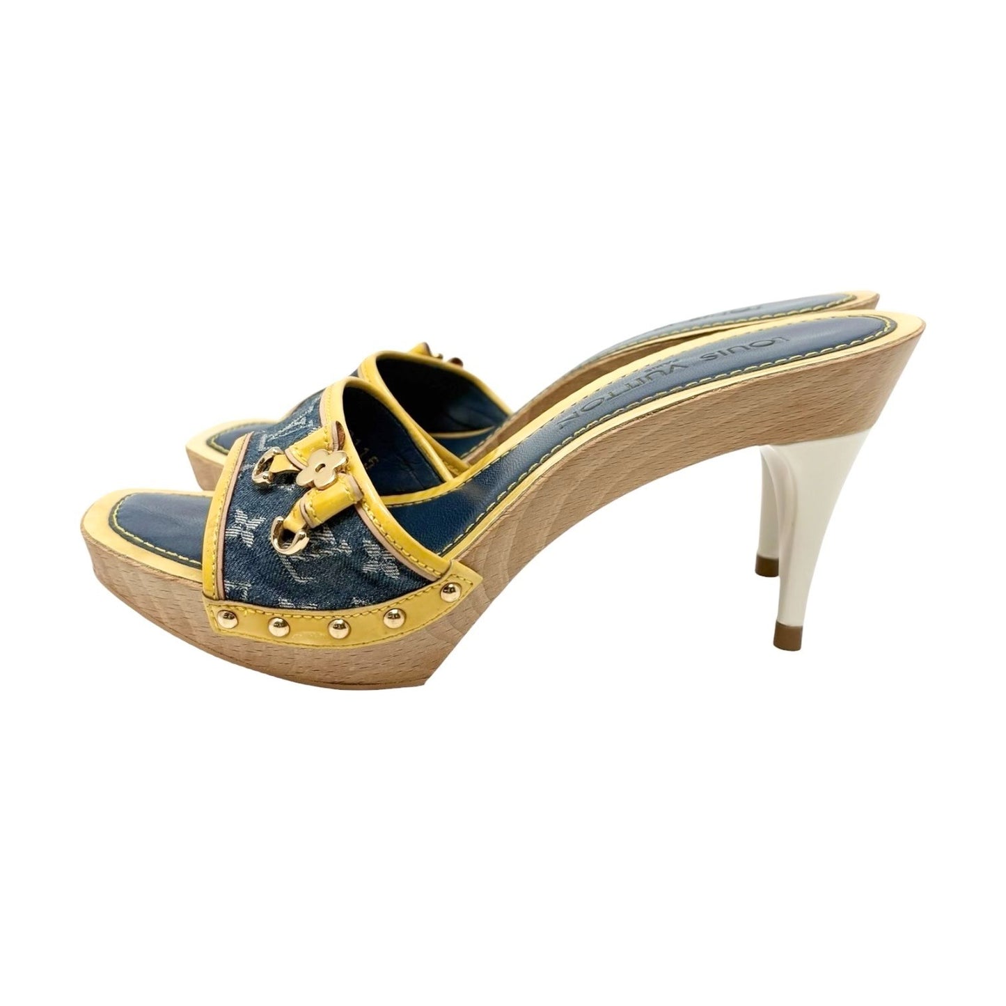 LOUIS VUITTON Vintage Monogram Denim Sandals #36-36.5 Blue Yellow Leather 901872