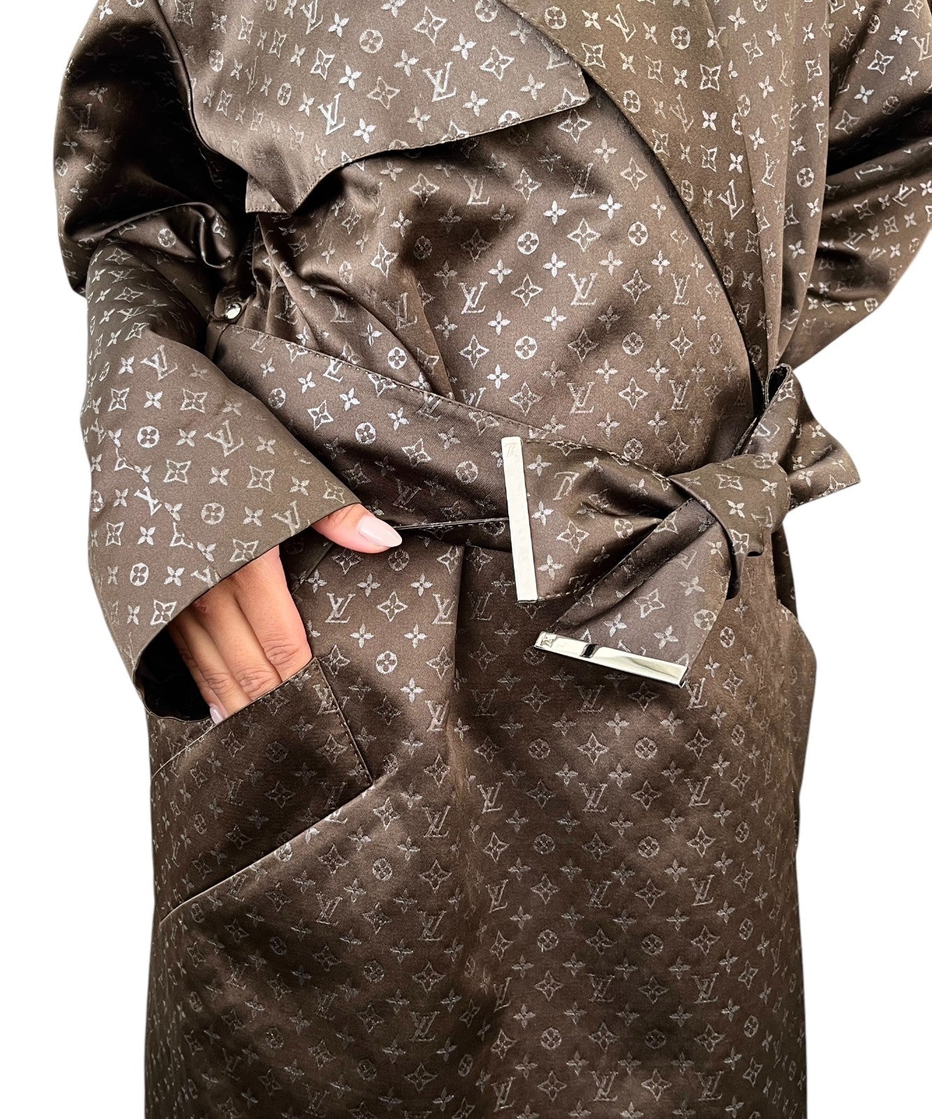 LOUIS VUITTON Vintage Monogram Silk Trench Coats Jacket Belt #36 Brown Silver