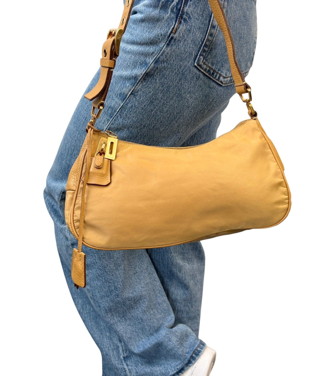 PRADA Vintage Triangle Logo Tessuto Nylon Shoulder Hobo Bag Leather Yellow Key