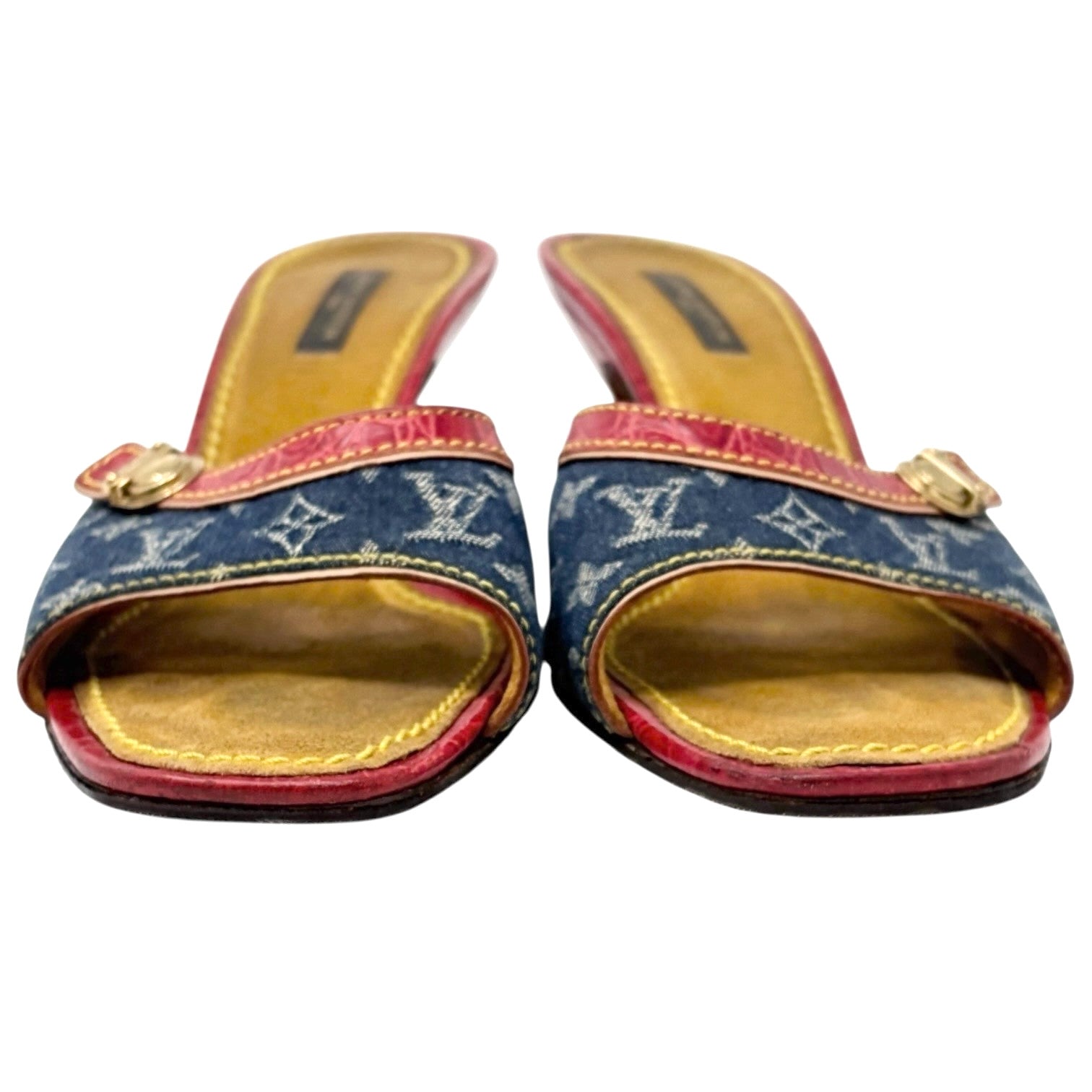 LOUIS VUITTON Vintage Monogram Denim Mule Sandals Heels #39 Blue Red Leather