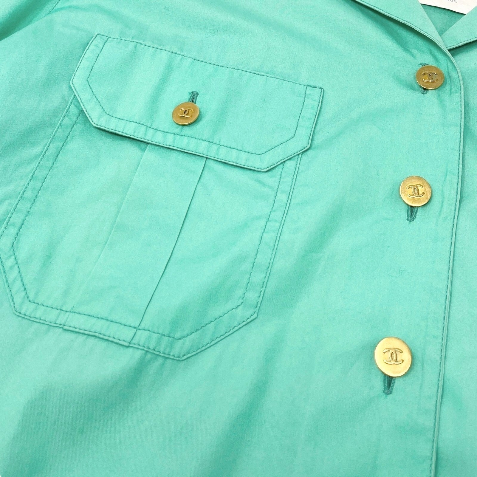 CHANEL Vintage P04883 CC Logo Shirt Top #44 Button Up Light Green Gold Cotton