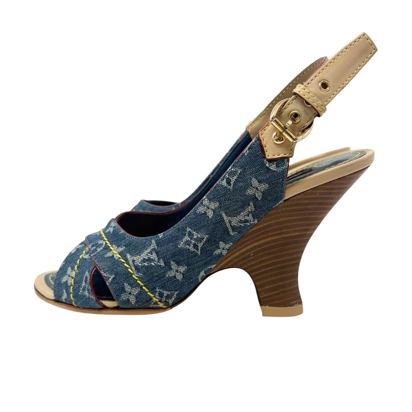 LOUIS VUITTON Vintage Monogram Denim Sandals Heels #36 Blue Beige Leather 901959