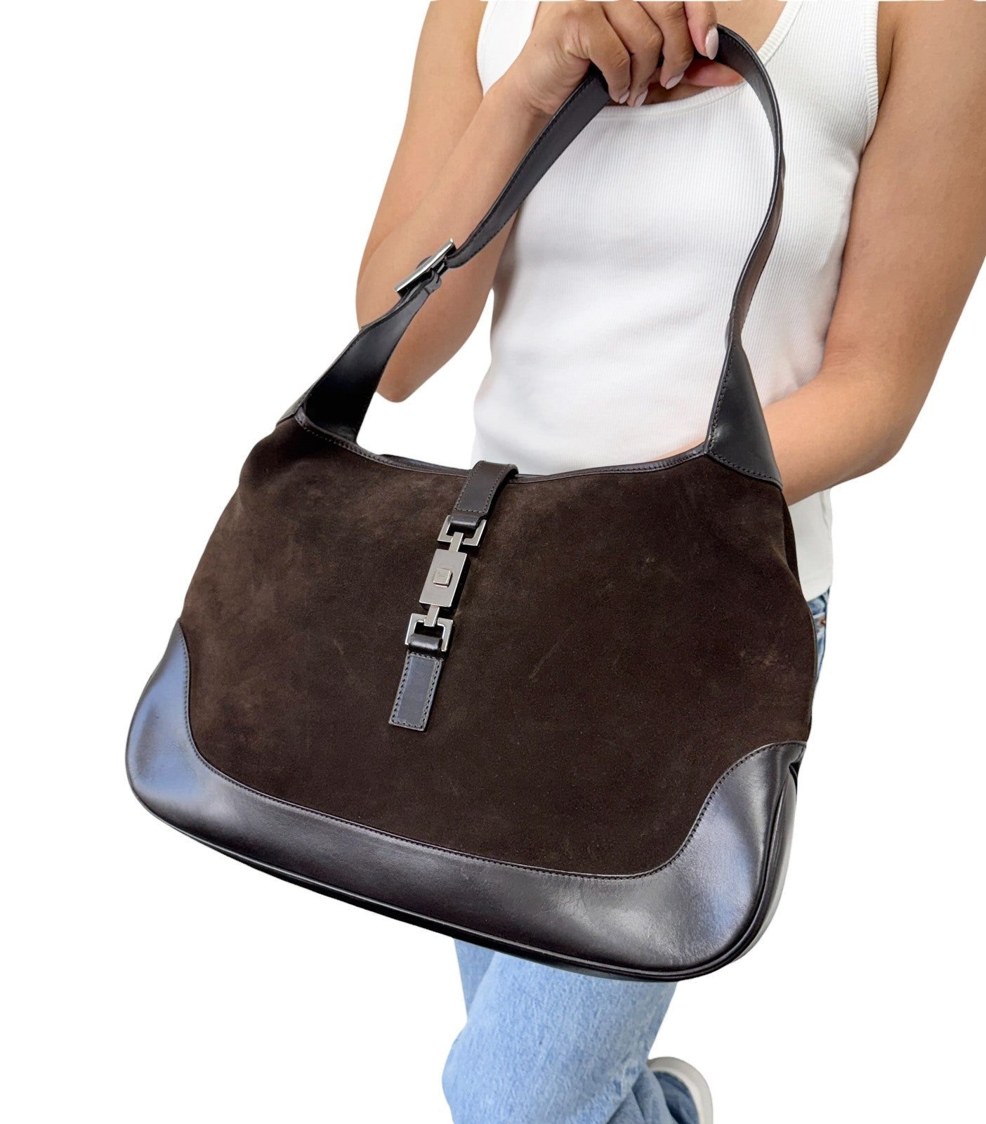 GUCCI Vintage Logo Jackie Shoulder Bag Handbag Brown Black Suede 902432