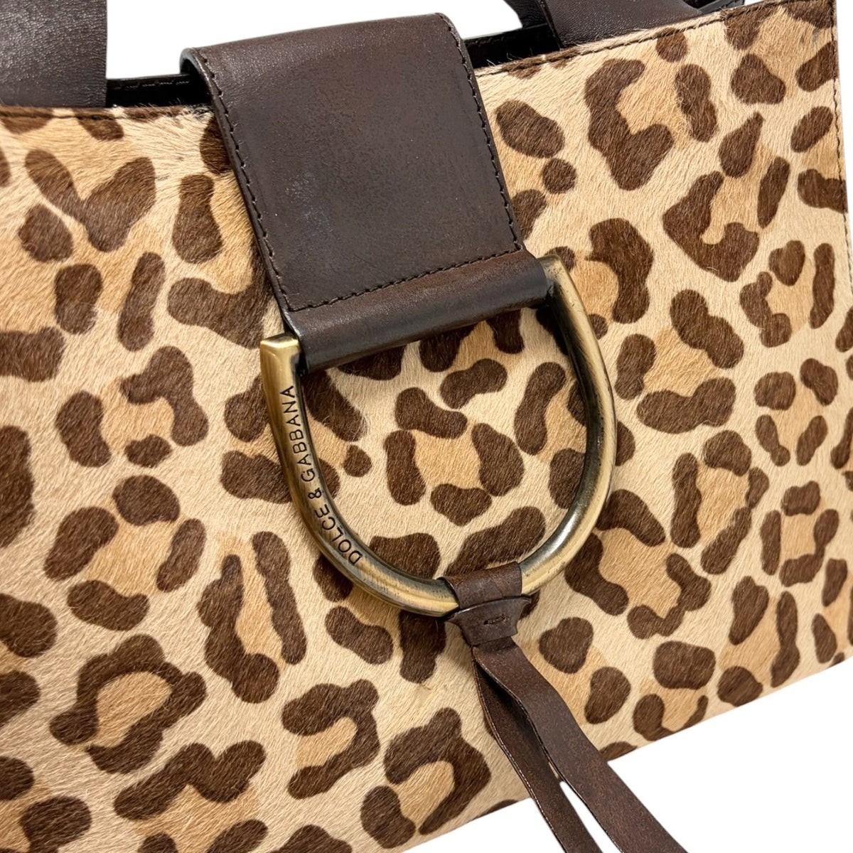 DOLCE&GABBANA Vintage Logo Leopard Pony Hair Hand Bag Beige Brown 902449