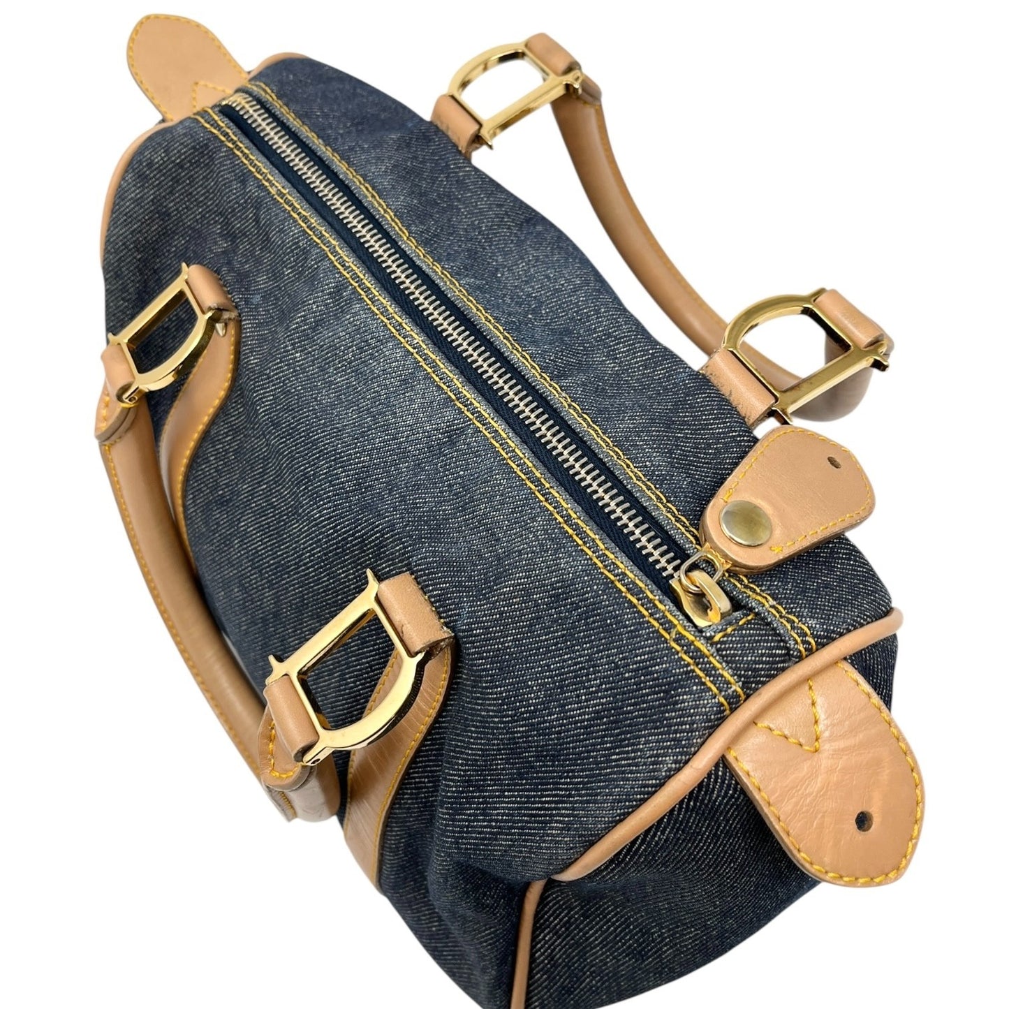 Christian Dior Vintag 2002 D Charm Denim Mini Boston Bag Blue Beige Gold