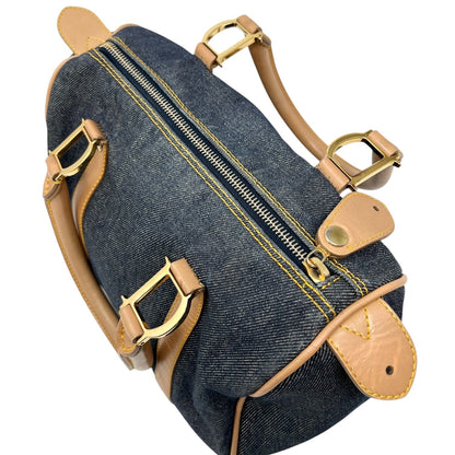 Christian Dior Vintag 2002 D Charm Denim Mini Boston Bag Blue Beige Gold