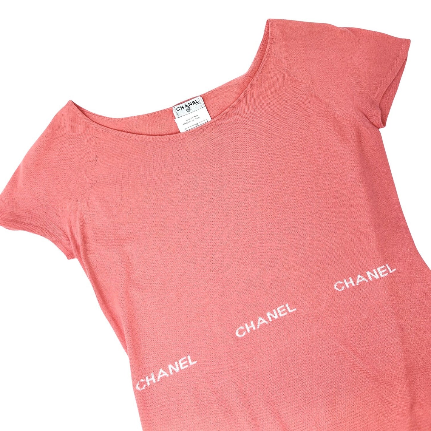 CHANEL Vintage 04P CC Logo Knit Top #38 Pink Orange Short Sleeve Round Neck