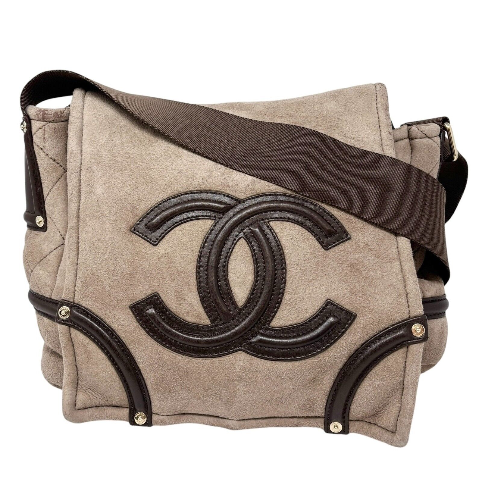 CHANEL Vintage 2006 CC Logo Mouton Crossbody Bag Shoulder Bag Greige Leather