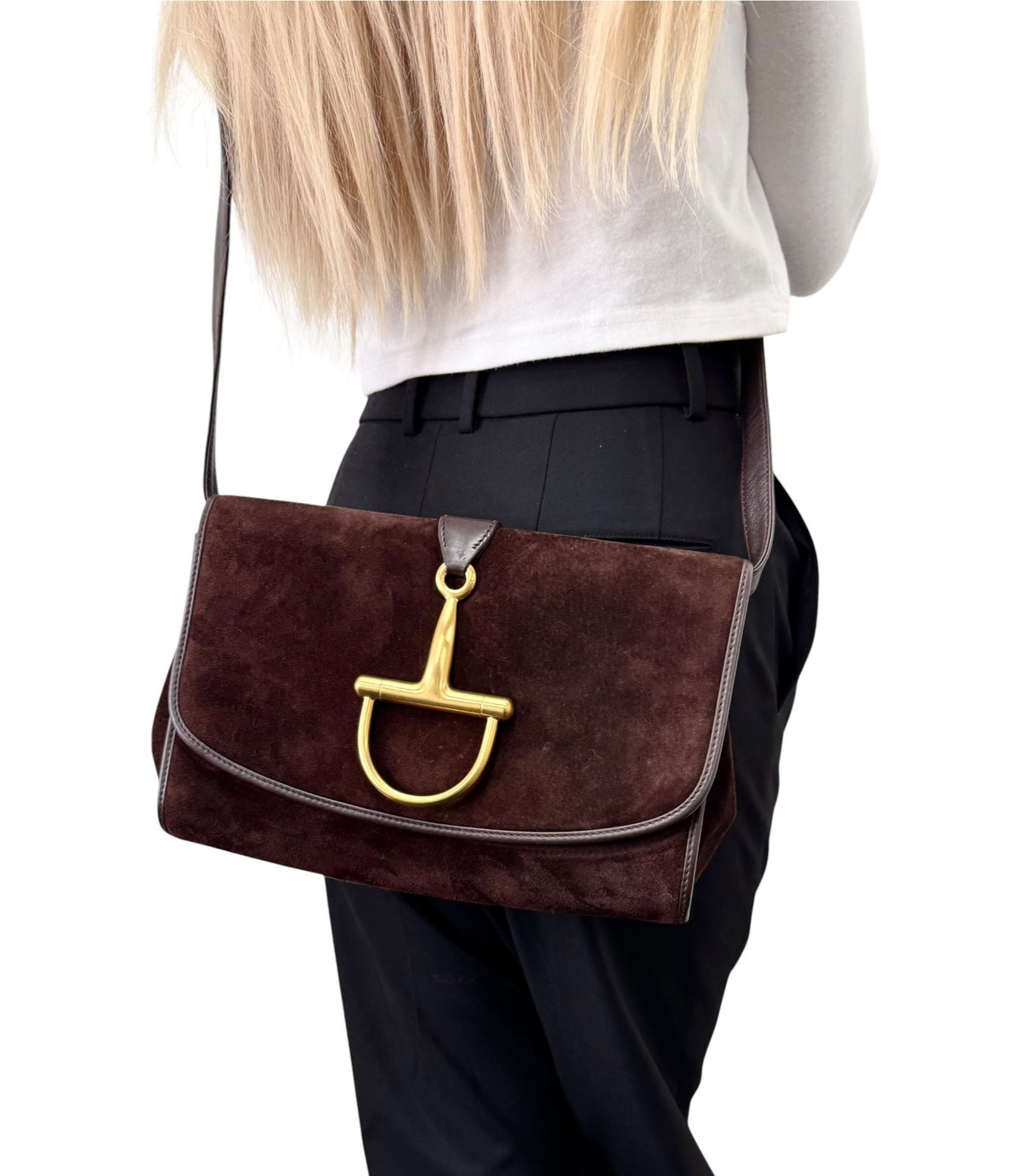 GUCCI Vintage Logo Horsebit Crossbody Bag Brown Gold Suede Leather 902824
