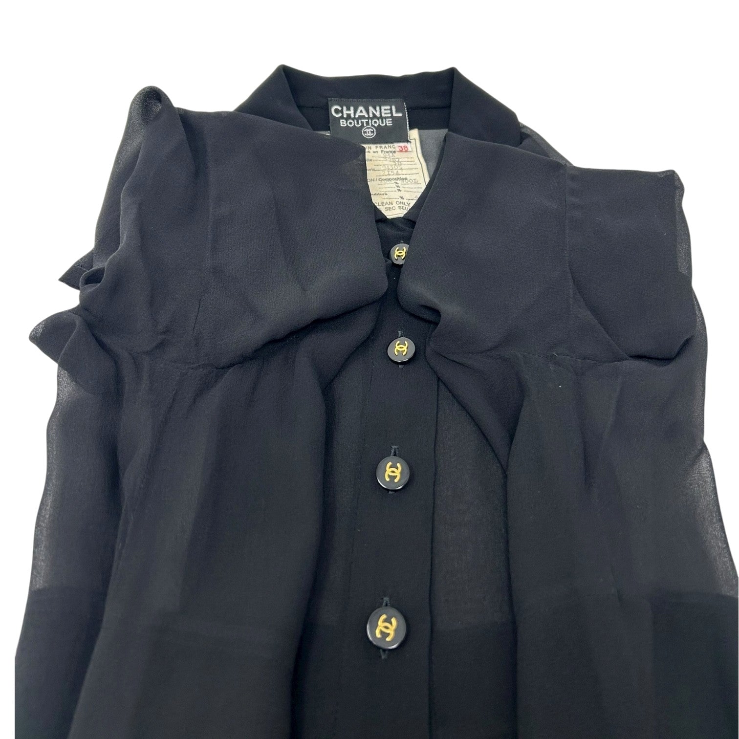 CHANEL Vintage 94A CC Logo See-through One-piece #38 Black Gold Wool Button