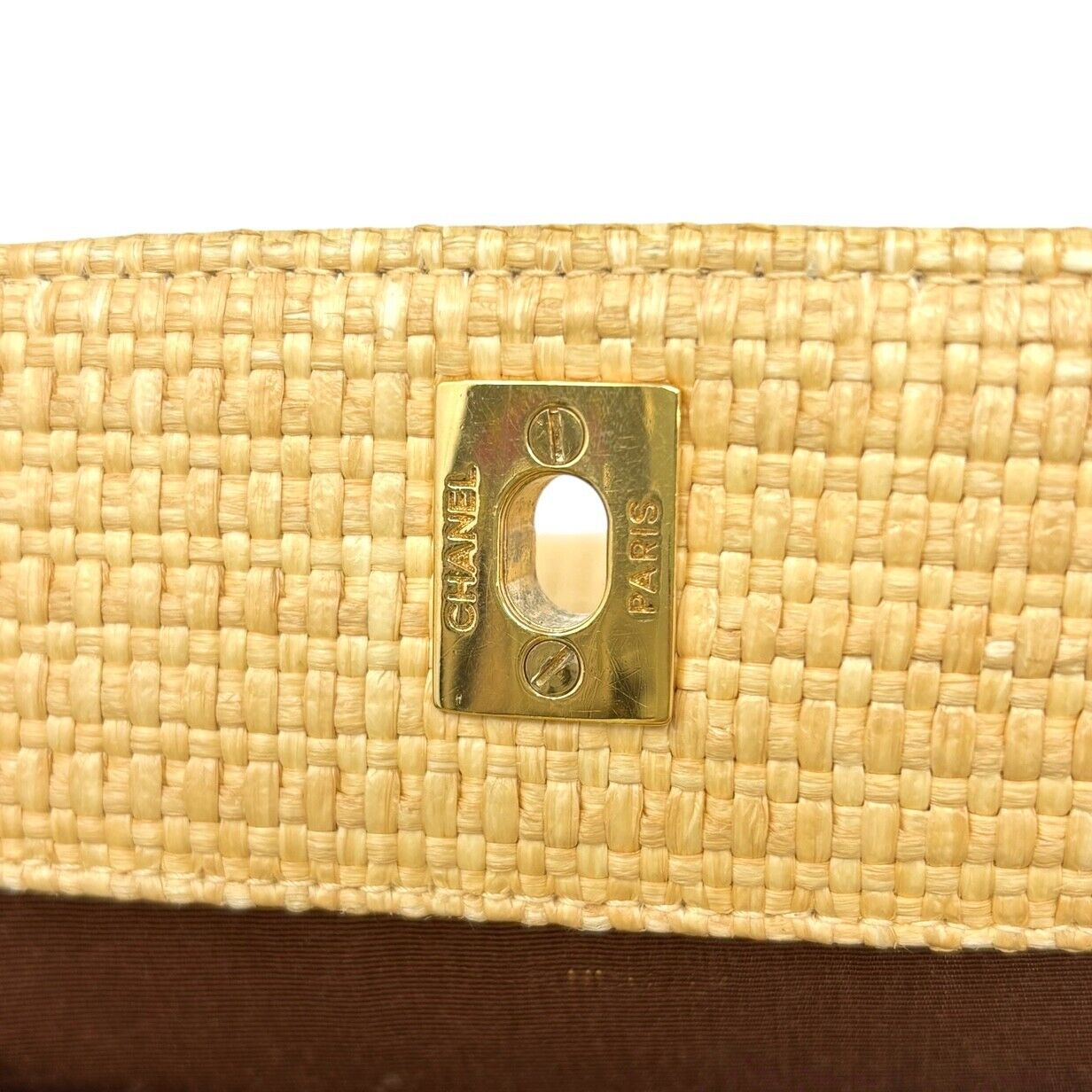 CHANEL Vintage 90s CC Logo Chain Shoulder Bag Cream Gold Straw