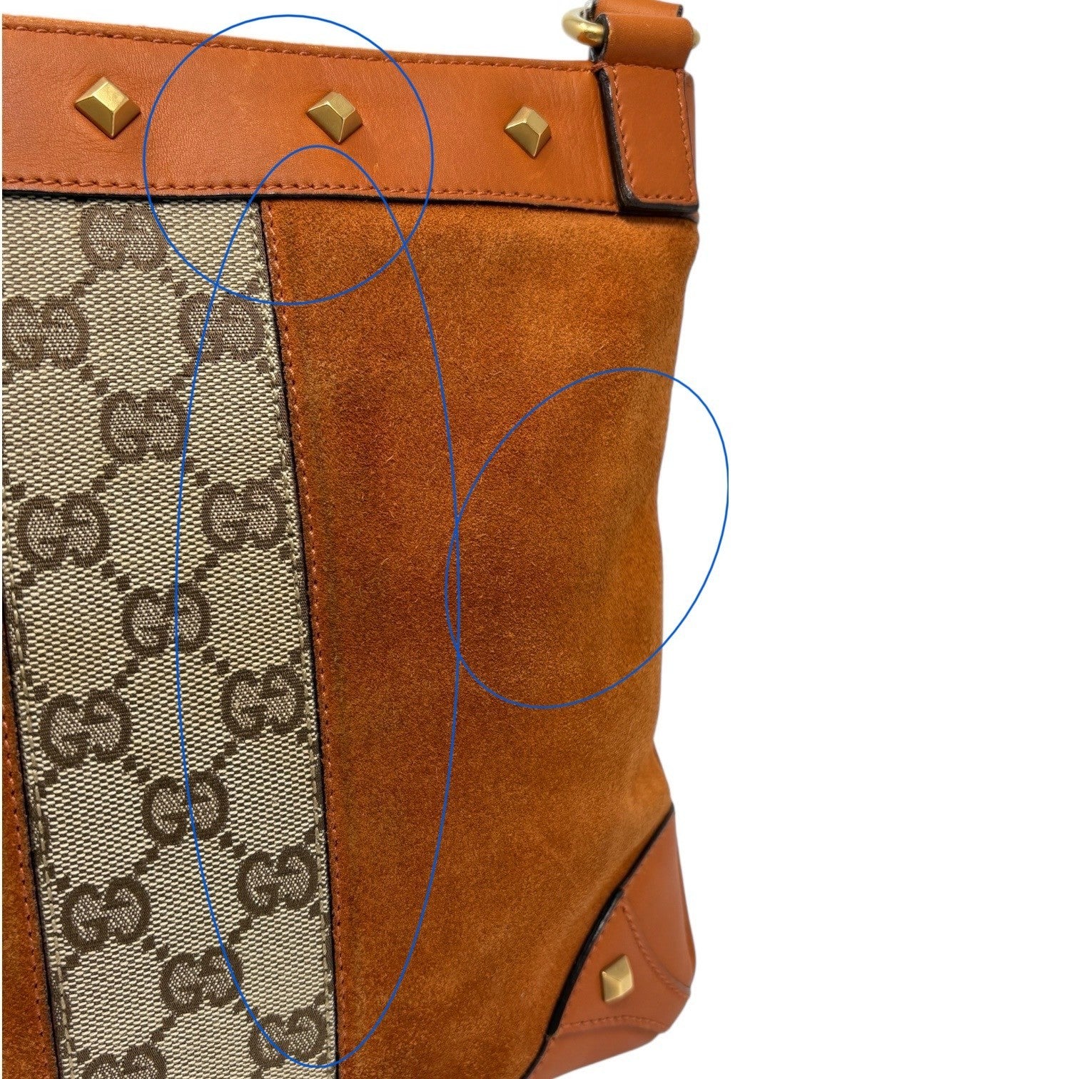 GUCCI Vintage GG Monogram Crossbody Bag Orange Suede Canvas Leather Nailhead