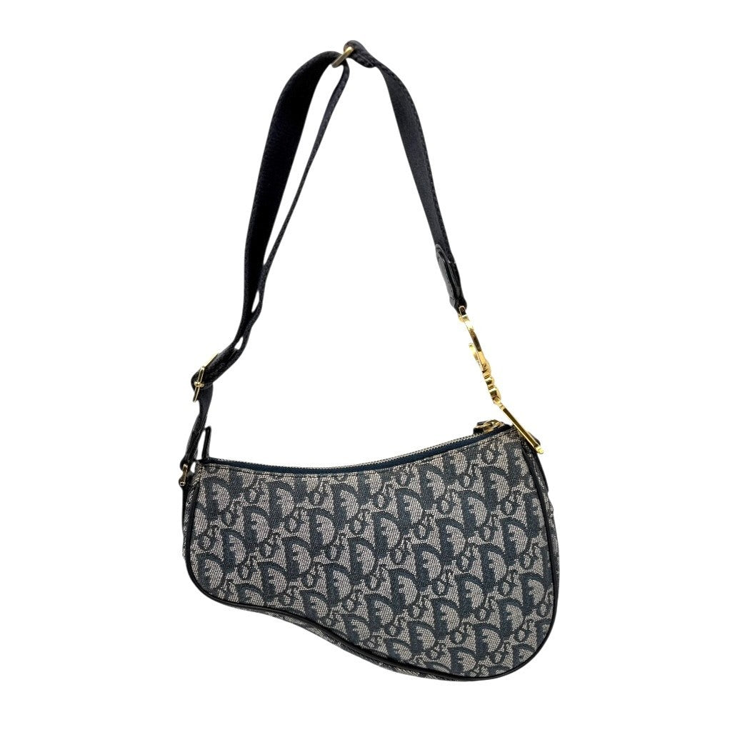 Christian Dior Vintage 2004 Trotter Monogram Saddle Bag Dark Blue Gold Canvas