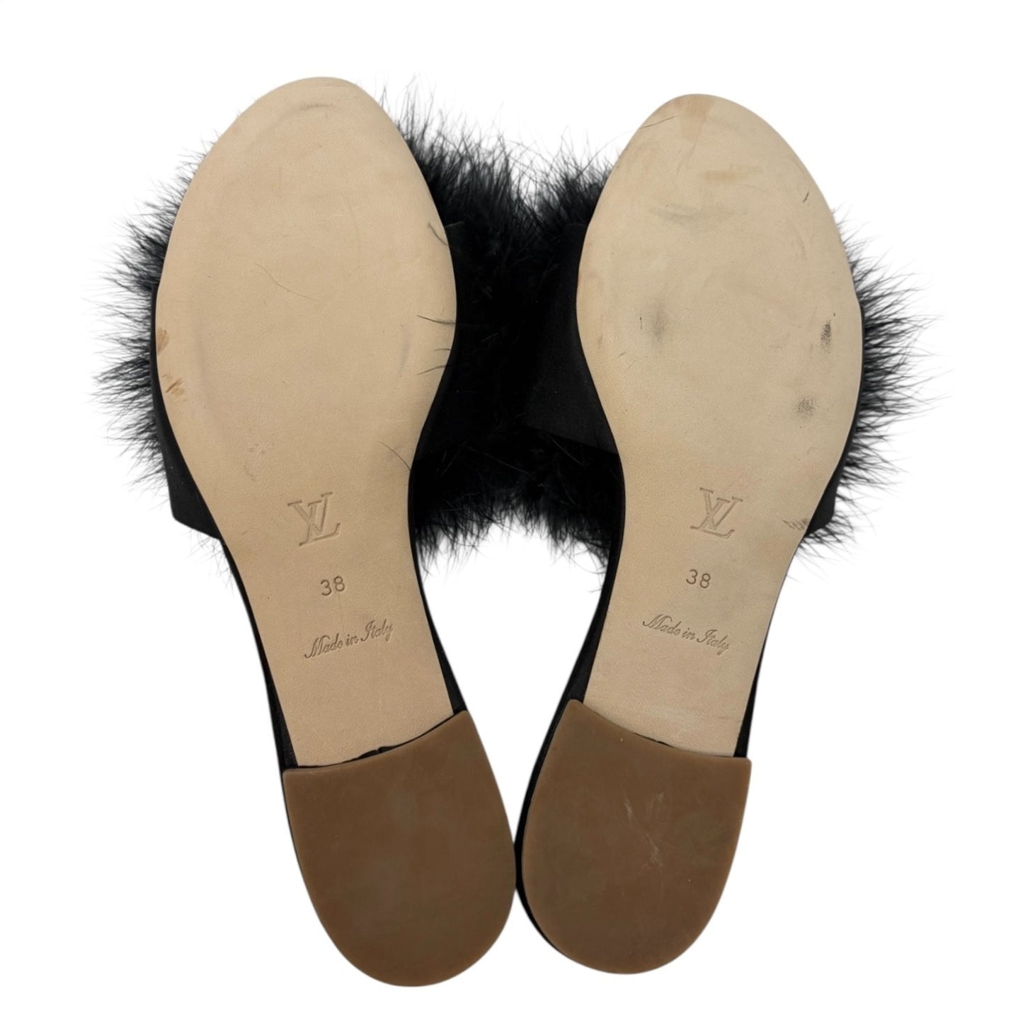 LOUIS VUITTON LV Bijou Logo Fur Flat Sandals #38 Rhinestone Black Satin