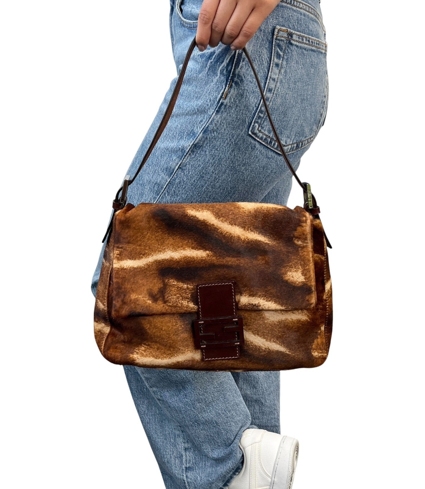 FENDI Vintage FF Logo Mamma Baguette Pony Calf Hair Shoulder Bag Brown Leather