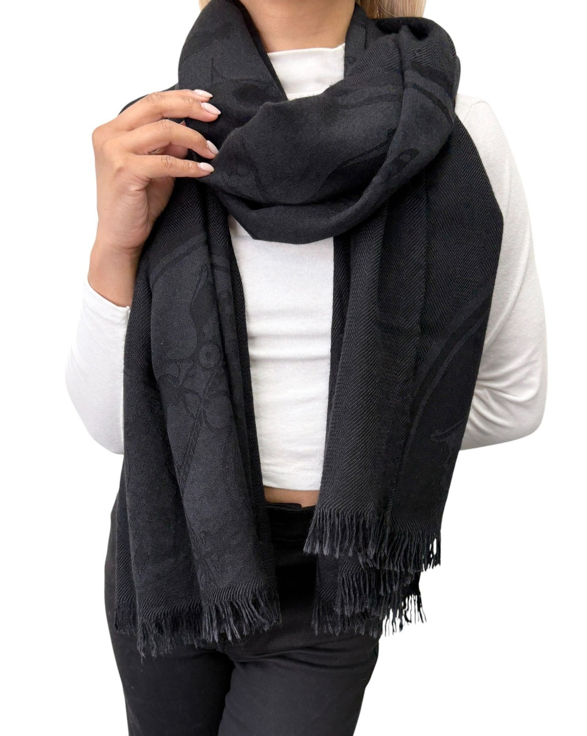 HERMES Vintage New Libris H Logo Cashmere Scarf Wrap Shawl Black 902811