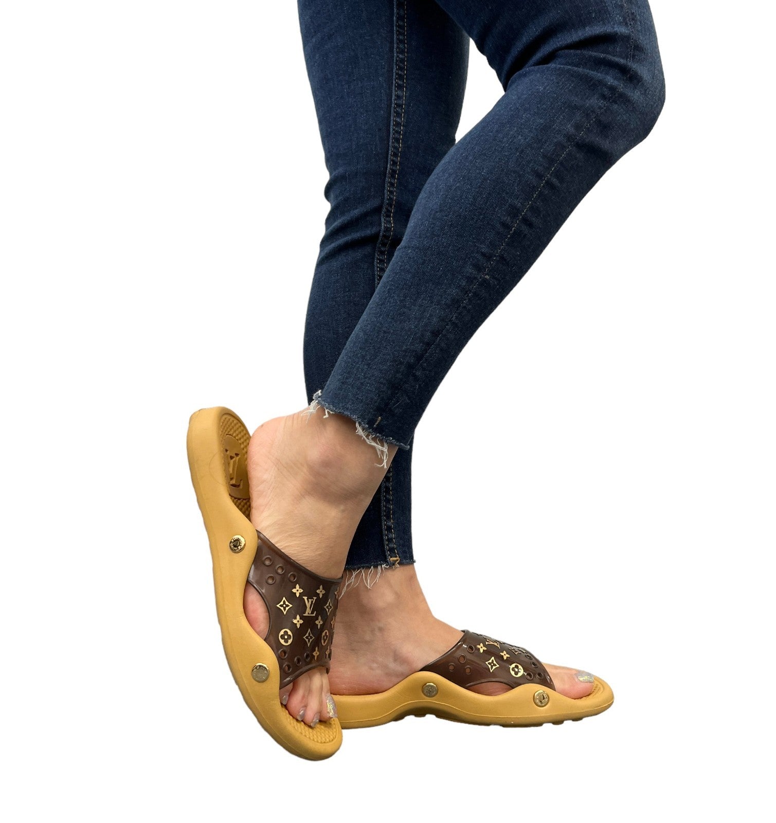 LOUIS VUITTON Vintage LV Monogram Logo Slide Sandals #36-37 Brown Beige Rubber