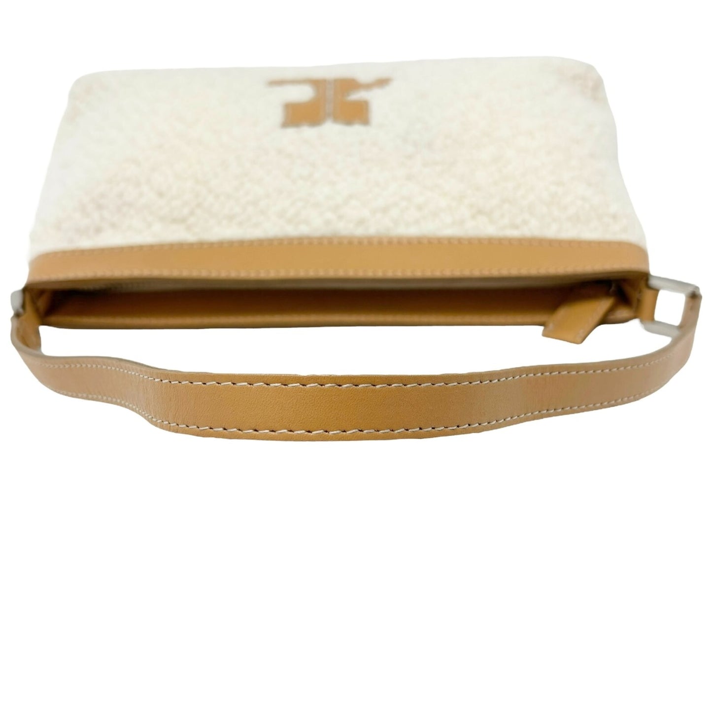 Courreges Vintage Logo Stitch Shoulder Bag Cream Brown Acrylic Leather Rank AB