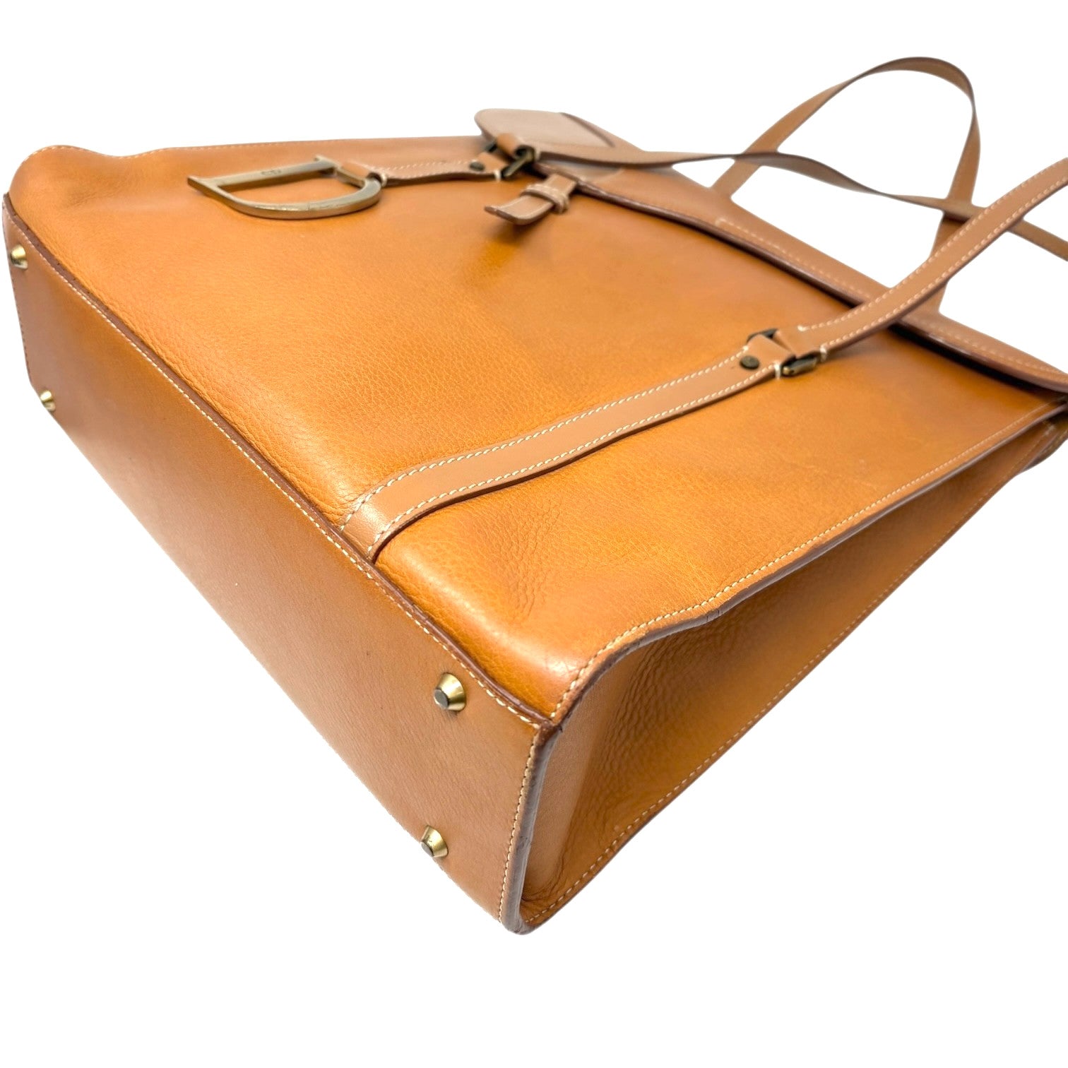 Christian Dior Vintage 2002 Logo Saddle Shoulder Tote Bag Camel Gold Leather