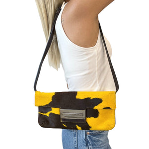 FENDI Vintage Cow Mamma Baguette Body Shoulder Bag Yellow Calf Hair Rank AB+