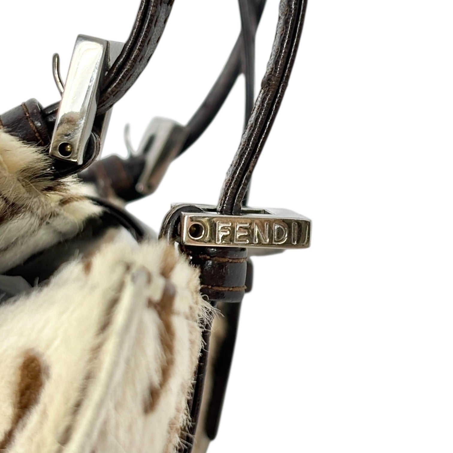 FENDI Vintage FF Logo Leopard Mamma Baguette Shoulder Bag Cream Brown Calf Hair