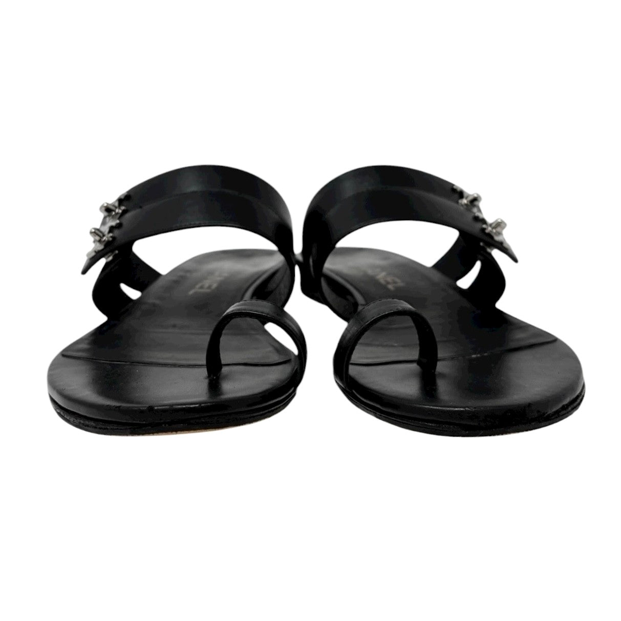 CHANEL Vintage CC Mark Logo Turnlock Flat Thong Sandals #37.5 Black Leather