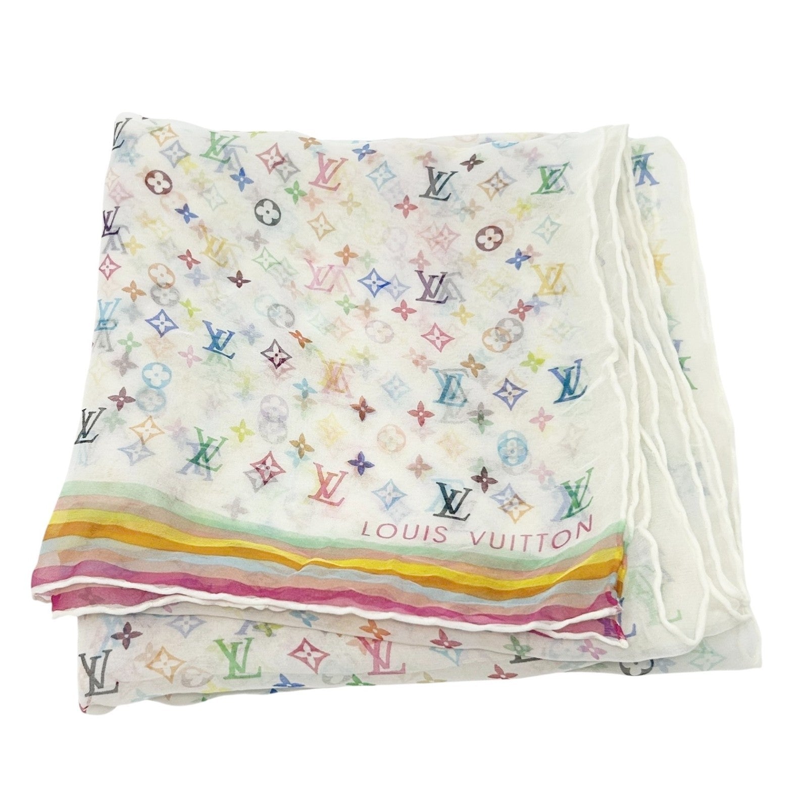 LOUIS VUITTON Vintage LV Logo Monogram Scarf Wrap Shawl Multicolor Silk