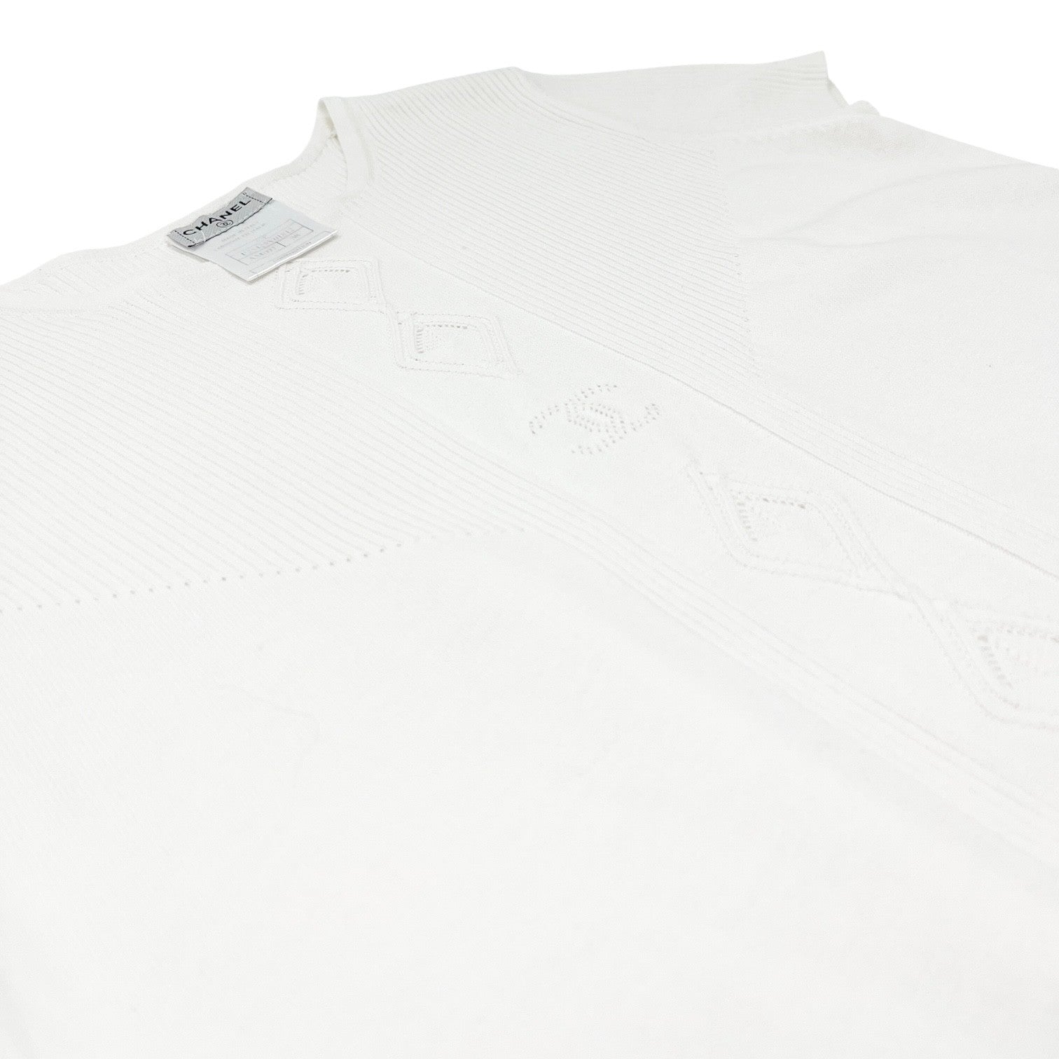 CHANEL Vintage 05P CC Mark Logo Rib Knit T-shirt Top #38 White Cotton