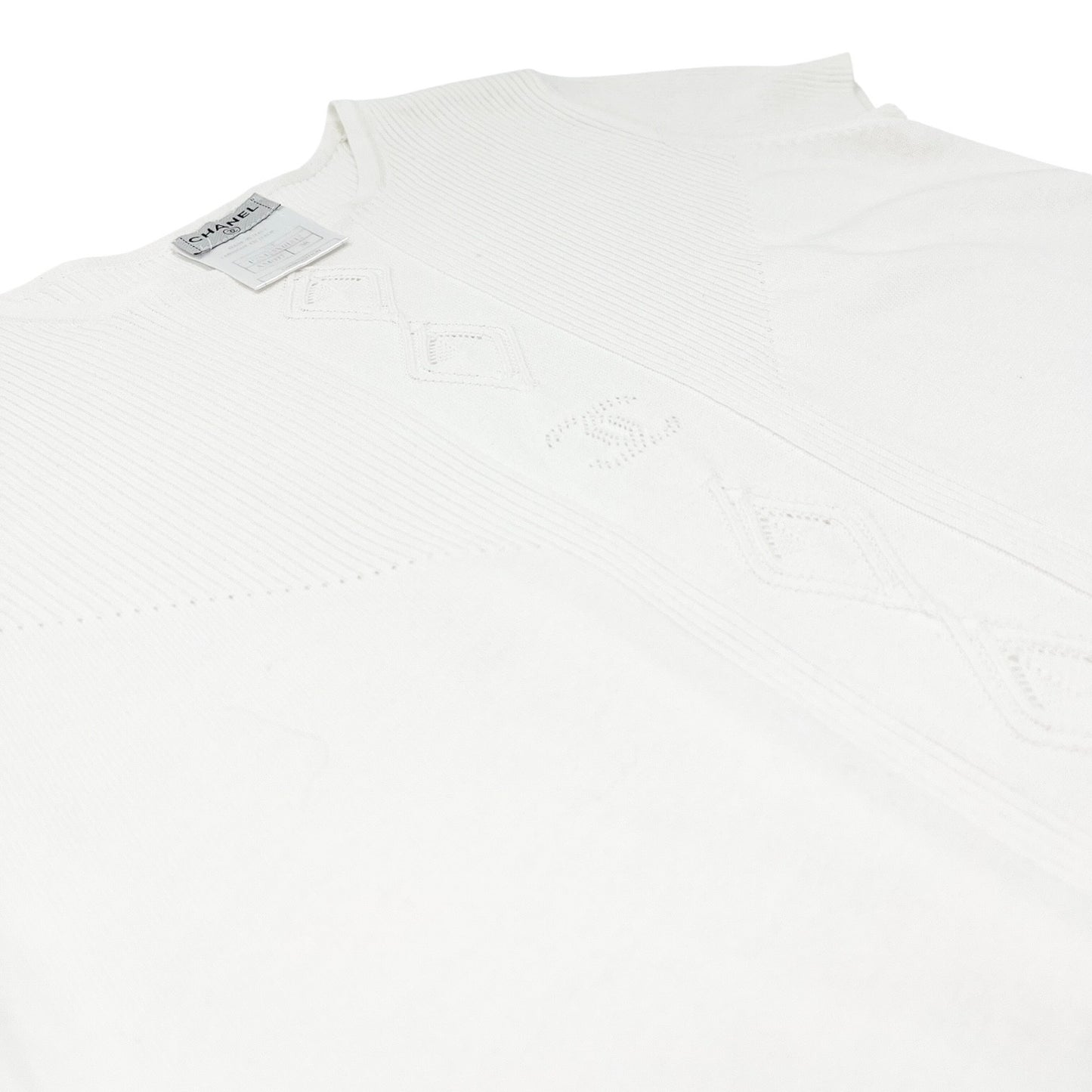 CHANEL Vintage 05P CC Mark Logo Rib Knit T-shirt Top #38 White Cotton