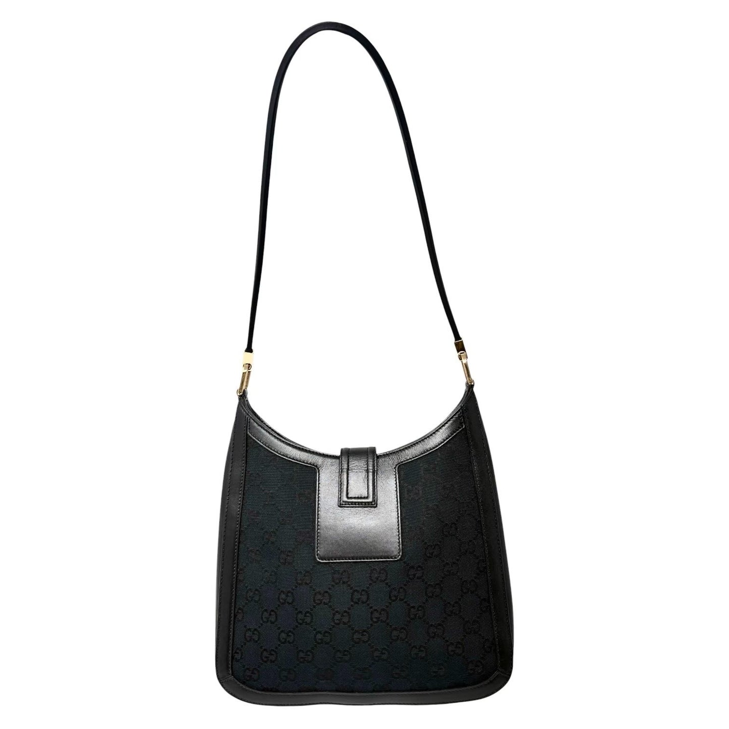 GUCCI Vintage G Square GG Monogram Shoulder Bag Magnetic Black Gold Leather