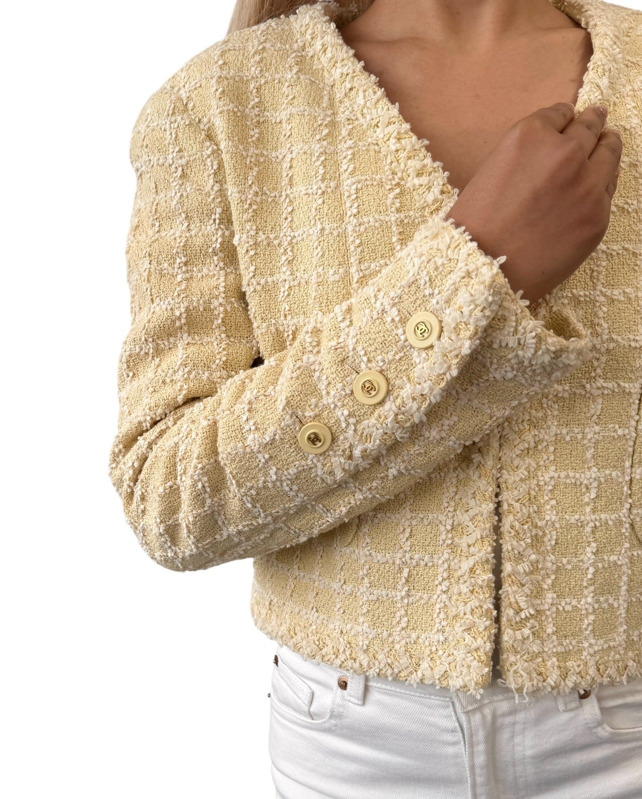CHANEL Vintage 94P CC Mark Logo Tweed Jacket #38 Yellow White Cotton