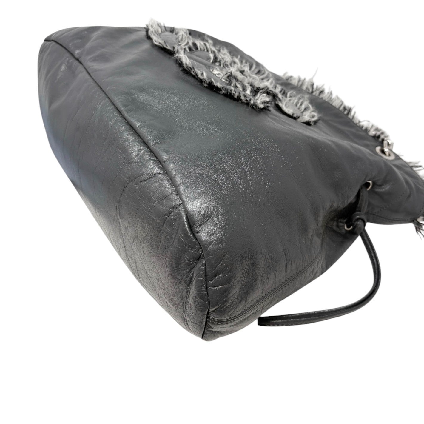 CHANEL Vintage CC Big Logo Funny Tweed Bon Bon Lambskin Shoulder Bag Gray Chain