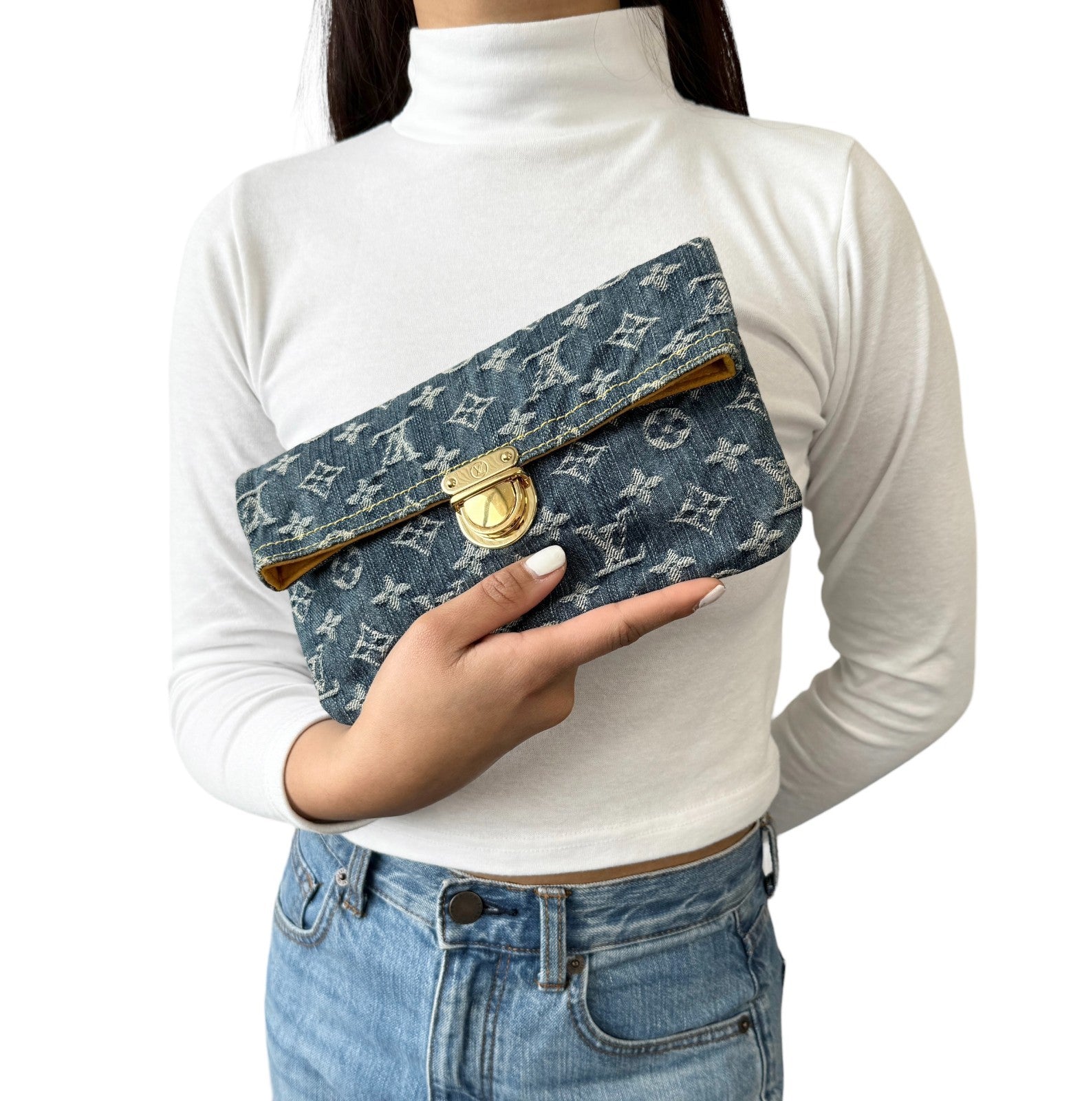LOUIS VUITTON Vintage Monogram Denim Pochette Plat Clutch Bag Blue Gold