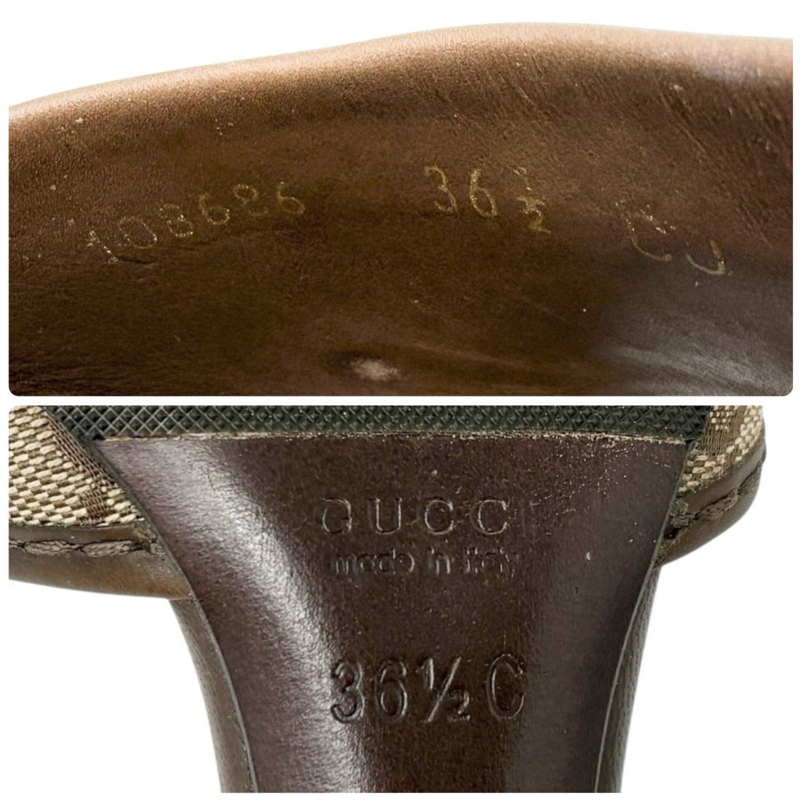 GUCCI Vintage GG Logo Monogram Sandals Block Heels #36.5 Brown Canvas Leather