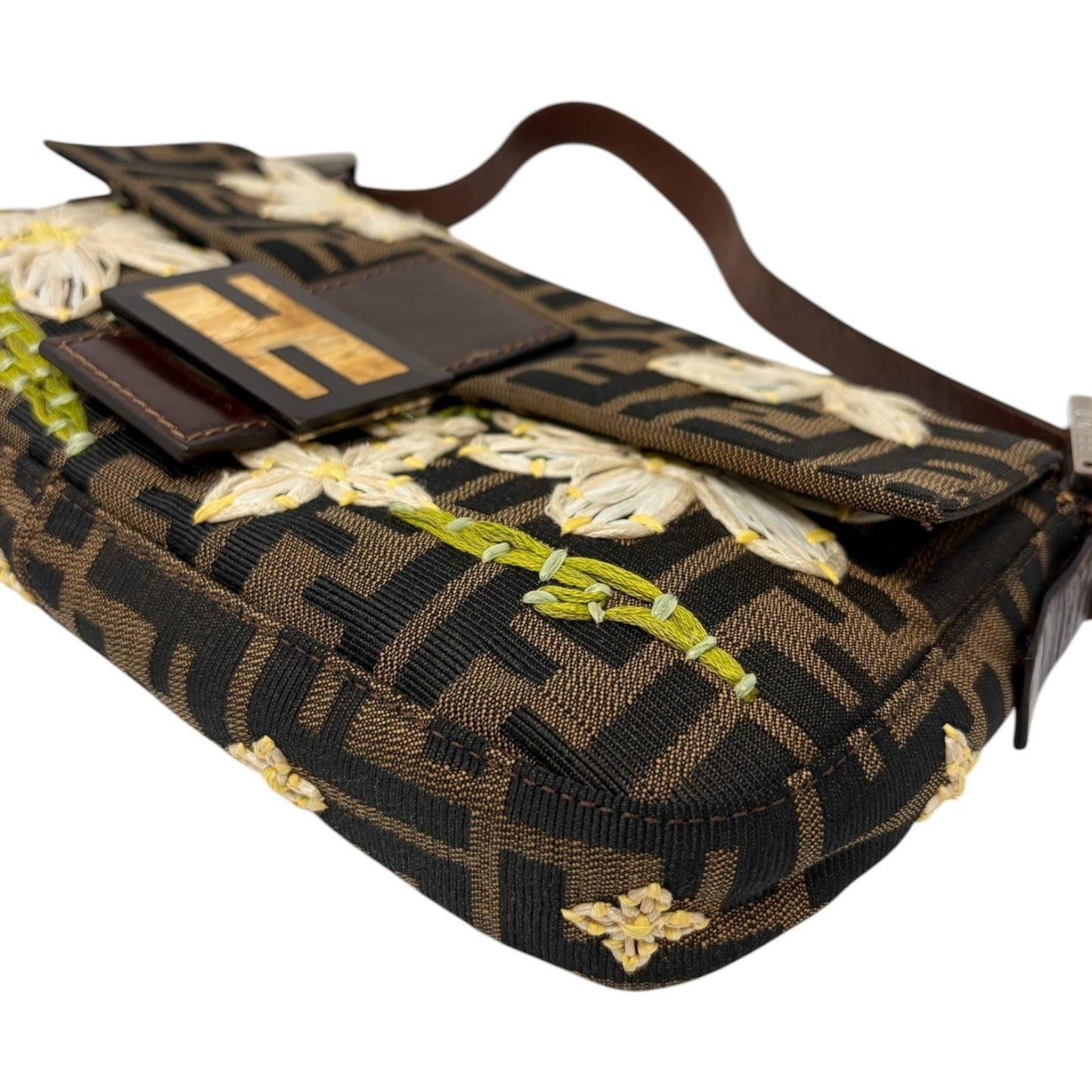 FENDI Vintage FF Zucca Mamma Baguette Shoulder Bag Flower Brown Canvas 902041